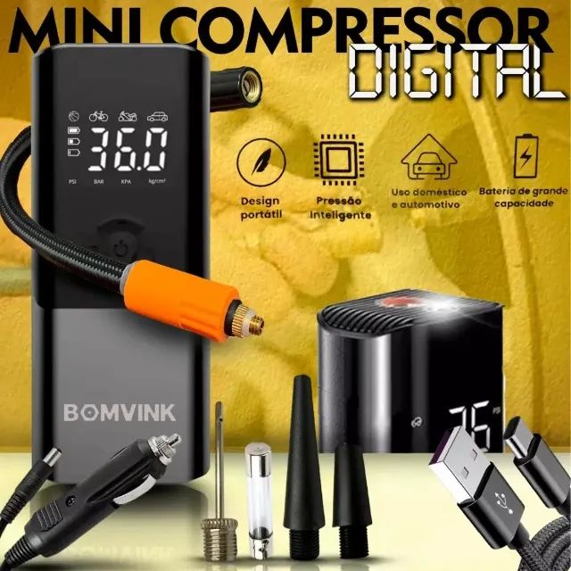 Bomba de Ar Compressor Digital Portátil BomVink BOM-8906 12V 120W Power Bank LED LCD pode  - Foto 5