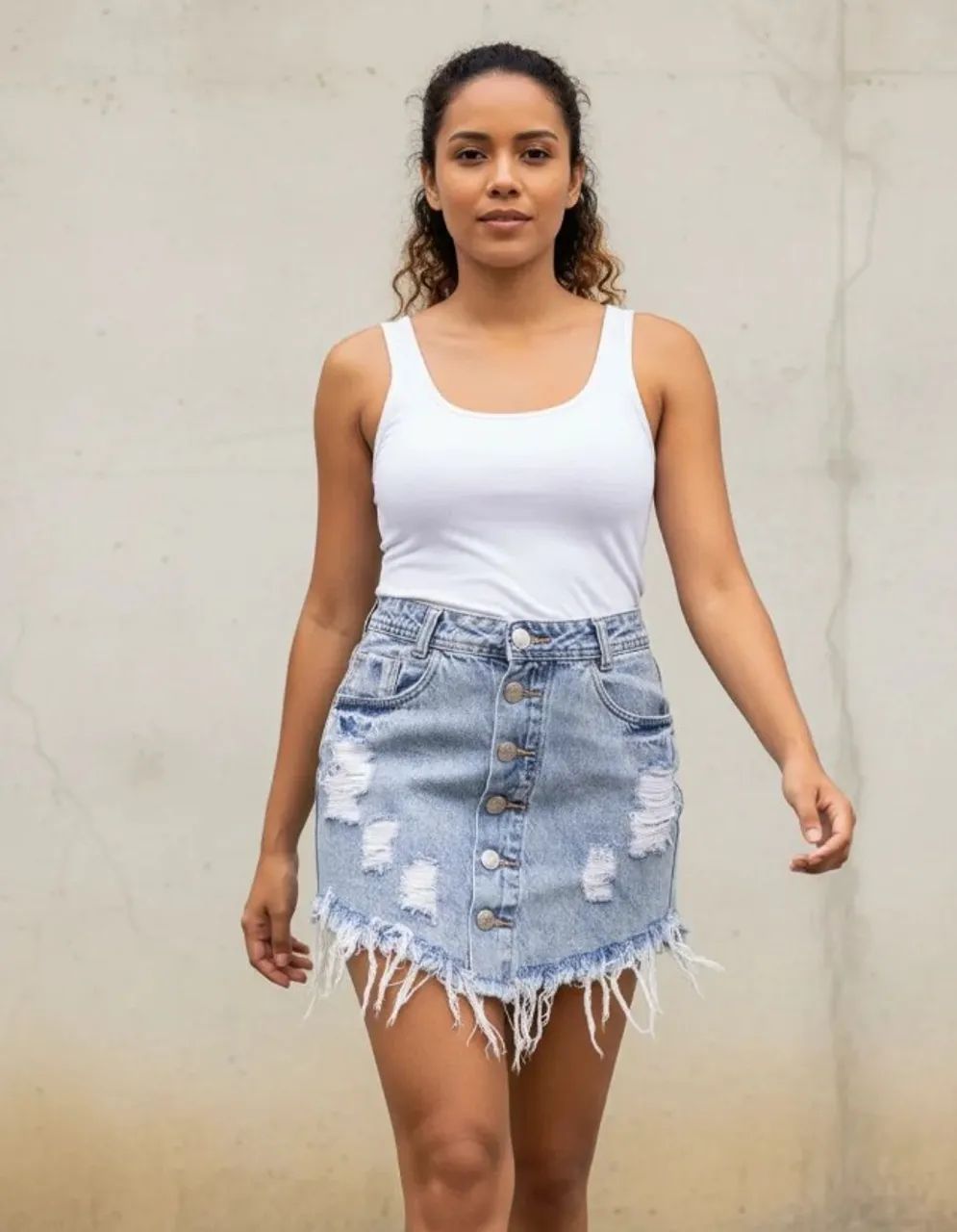 saia jeans destroyed com botões frontais