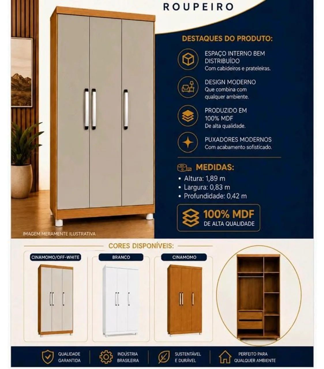 Guarda roupa 3 portas 2 gavetas  - Foto 5