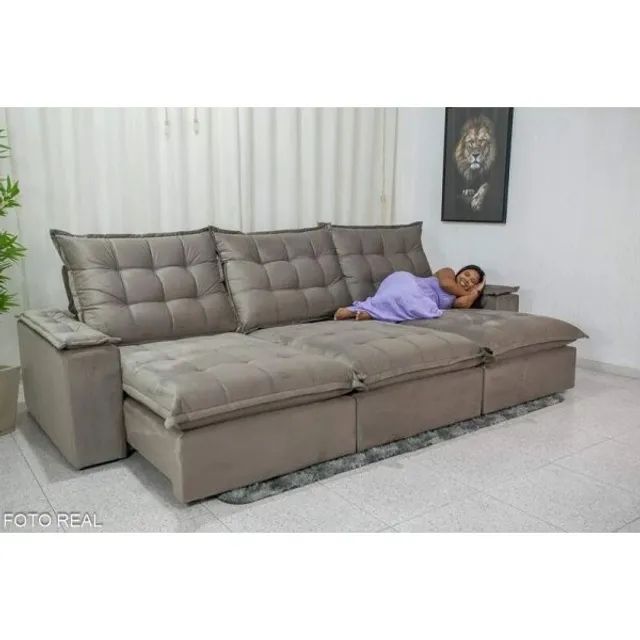 Sofá Retrátil Reclinável As 3.20m Veludo Cinza 814 D33 e Molas Ensacadas rf55 - Foto 3