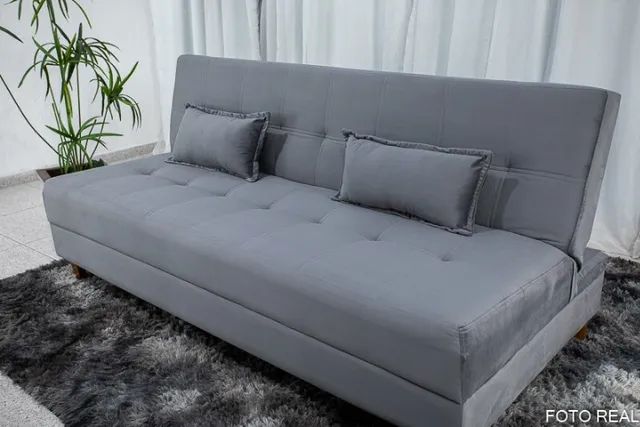 Sofá Cama Arpoador Veludo Cinza Frete Grátis - Até 12x