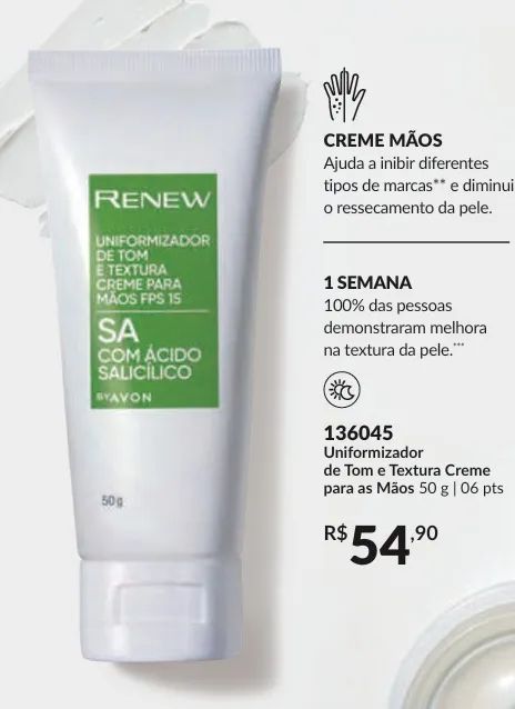 Renew Creme Para as Mãos FPS 15. Uniformizador de Tom e Textura