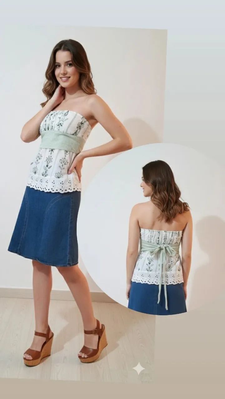 Conjunto saia jeans com tomara que caia tam 38