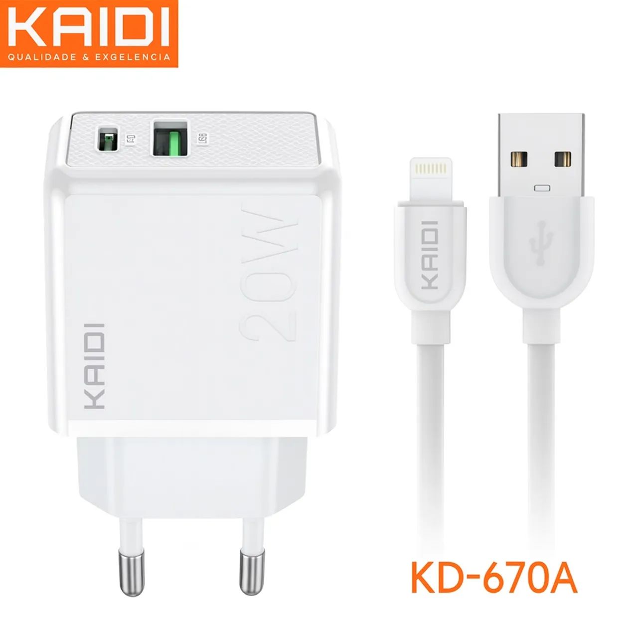 Carregador Turbo USB e Tipo C + Cabo Lightning para iPhone - Kaidi