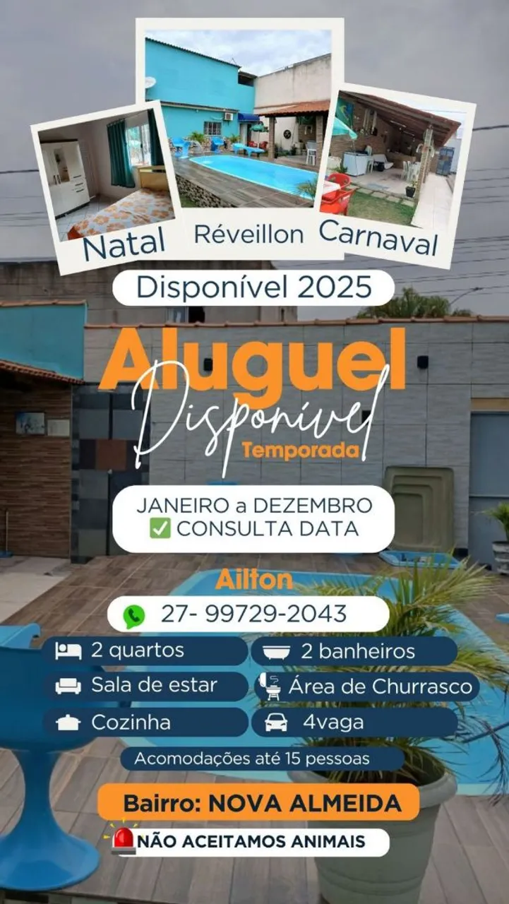 Aluga-se TEMPORADA FINAIS DE SEMANA FERIADOS NATAL ANO NOVO CARNVAL NOVA ALMEIDA-SERRA/ES