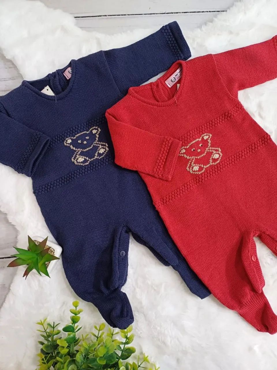 Macacão de tricô para bebê - Azul Vermelho ursinho baby