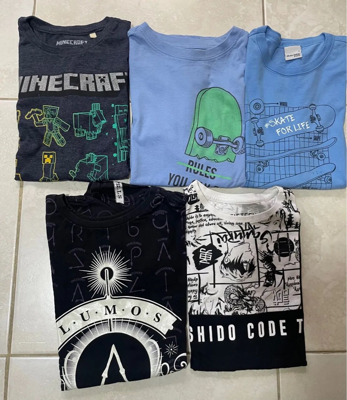 5 Camisetas Infantis - Minecraft, Skate, Harry Potter e Shido Code