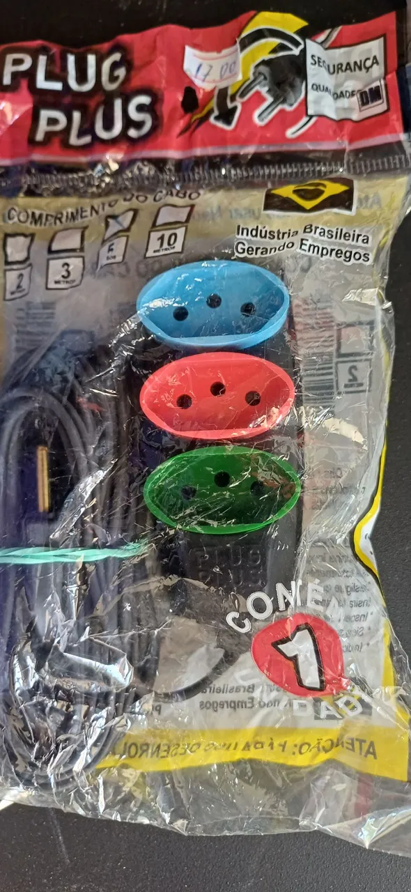 Extensão Elétrica Plug Plus 3 com 5 metros Tomadas Coloridas