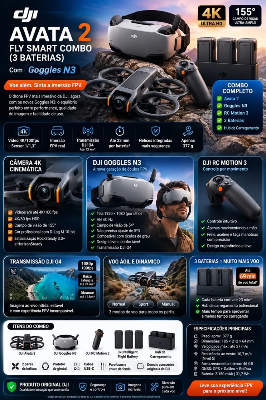 Drone DJI Avata 2 fpv combo fly more com googles N3 - Foto 4