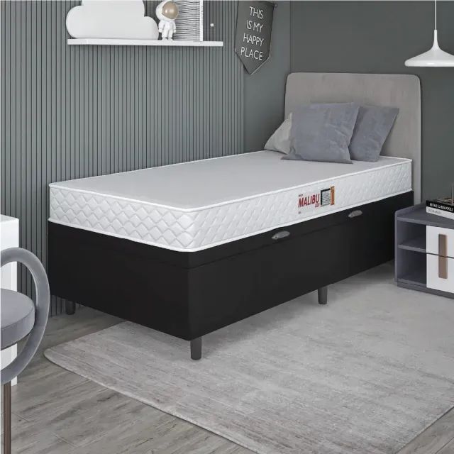 Cama Box Baú Preta + Colchão D20 Solteiro
