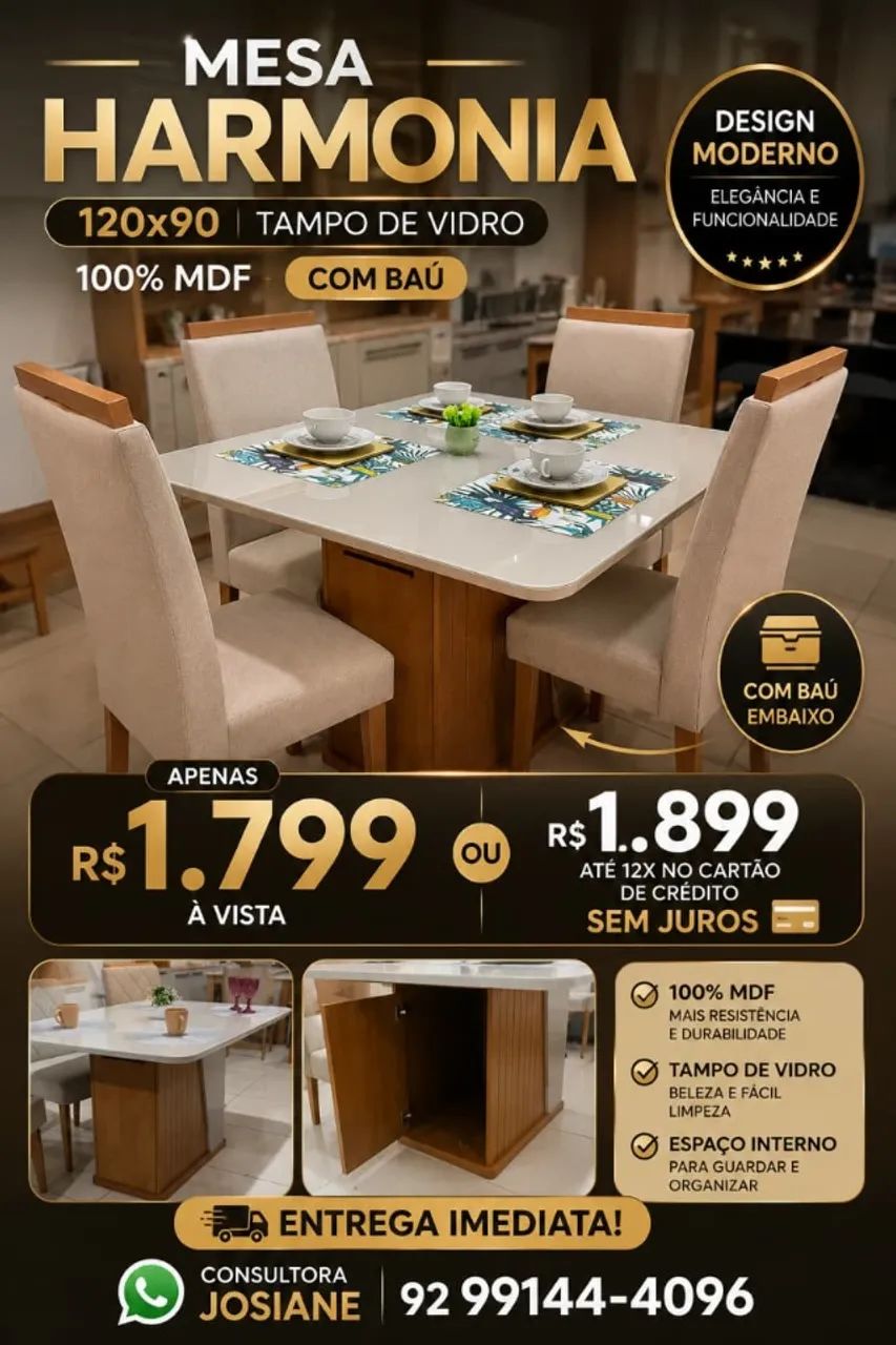 mesa de 4 lugares tampo de vidro com baú