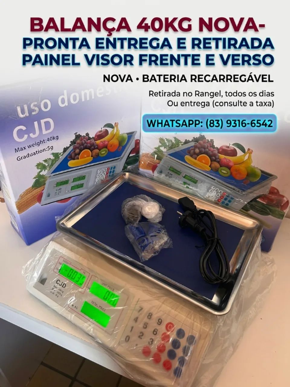 Balança nova, com painel digital frente e verso e bateria recarregável.