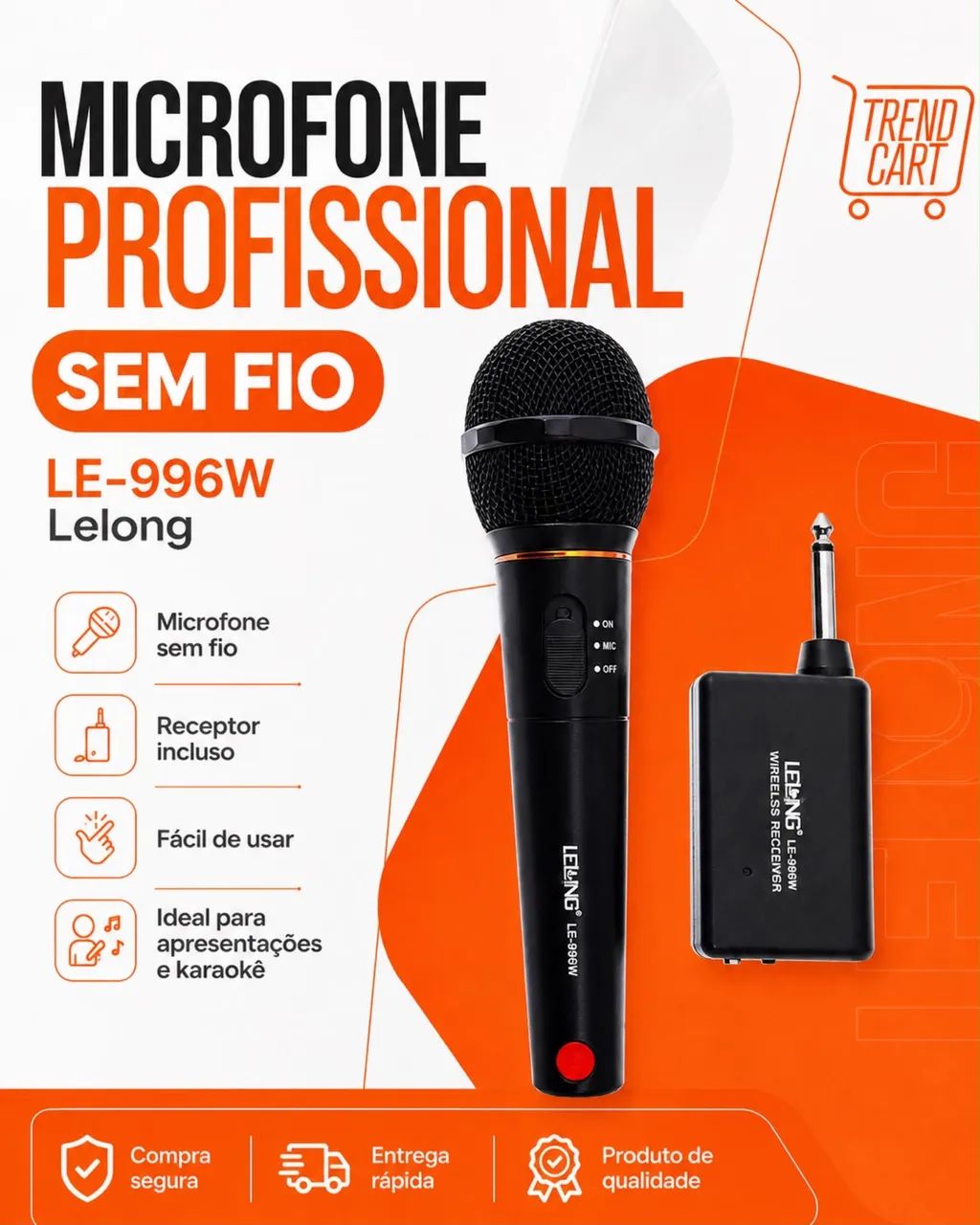 Microfone Profissional Sem Fio LE-996W Lelong