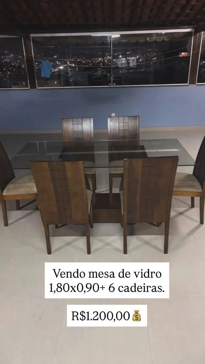 Mesa jantar tampo de vidro com 06 cadeiras 