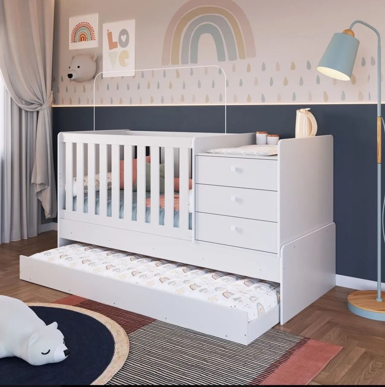 Berço Multifuncional com 3 gavetas e cama auxiliar 