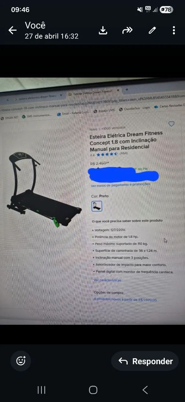 Esteira eletrica Dream Fitness Concept 1,8 com inclinação manual para residencial
