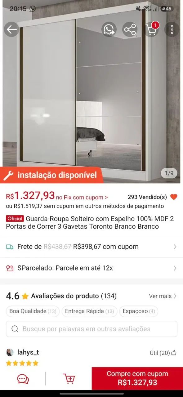 Guarda roupa de MDF branco com espelho - Foto 2
