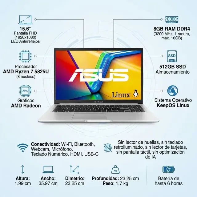 Notebook ASUS Vivobook 15 M1502, AMD Ryzen 7, 8 GB RAM, 512 GB SSD, KeepOS Linux, Cool Sil - Foto 2
