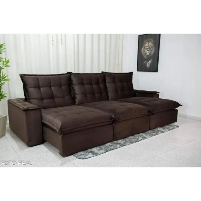 Sofá Retrátil Reclinável As 3.20m Veludo Cinza 814 D33 e Molas Ensacadas rf55