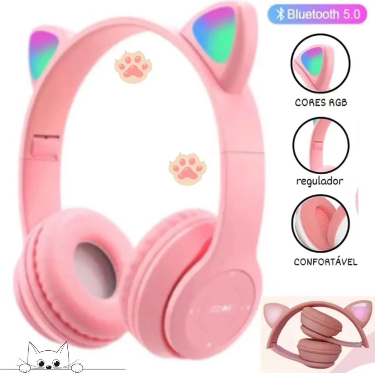 Fone de Ouvido Bluetooth Infantil com Led - Rosa