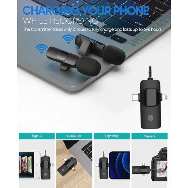 Microfone lapela sem fio para iphone, 3 em 1, tipo c, 3,5mm, câmera, computador. - Foto 2