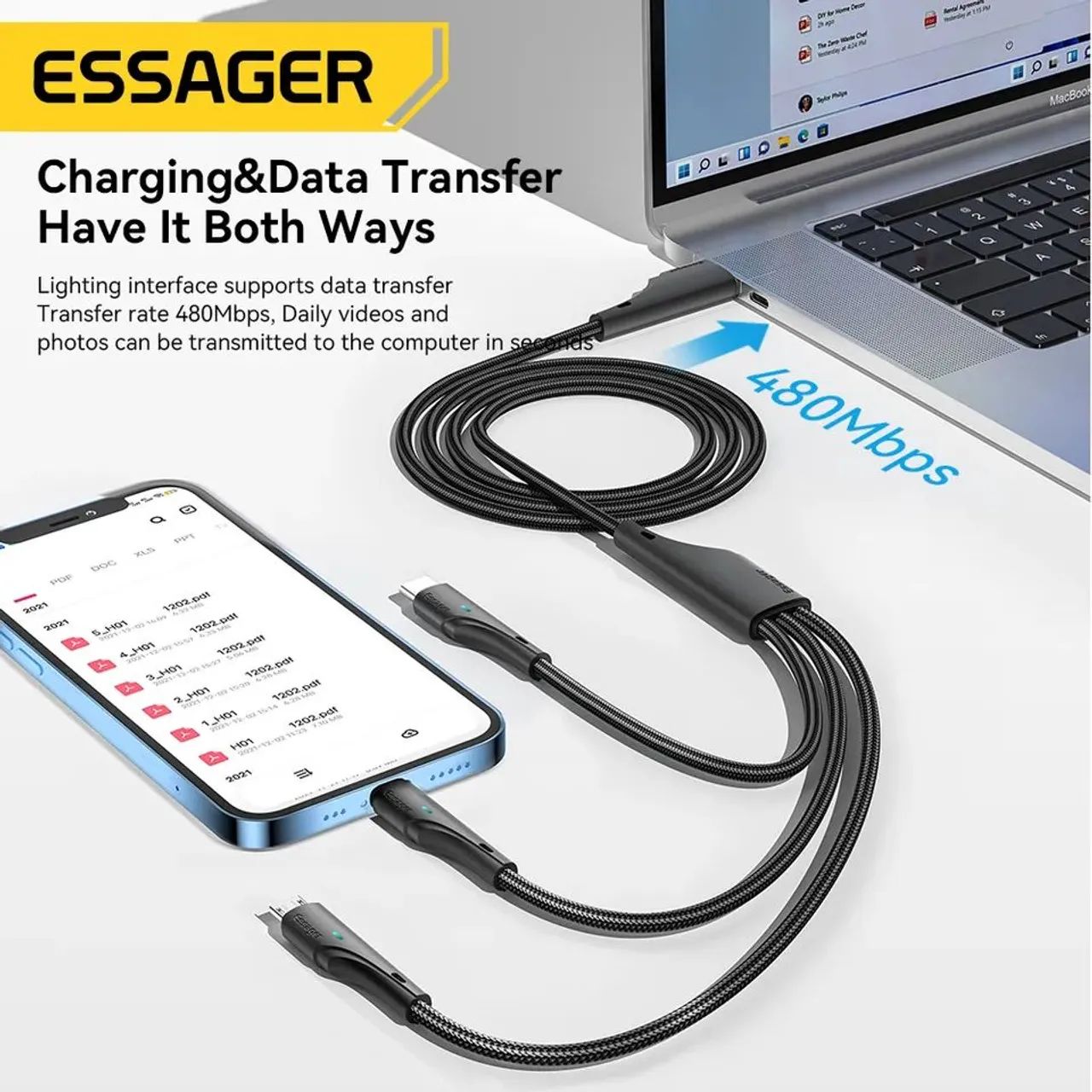 Cabo de Carregamento ESSAGER 3 in 1 - 3A (Micro USB, USB Tipo C e Ligthning)  - Foto 3