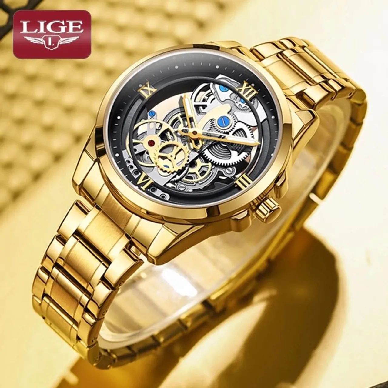 Relógio Masculino de Pulso Dourado com Design Mecânico - Foto 4