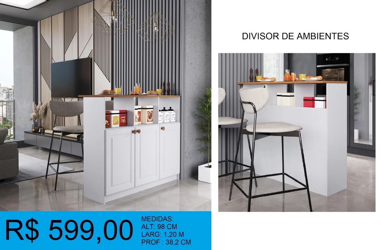 Ilha gourmet - Mesa - Divisor de ambientes com balcão e armário