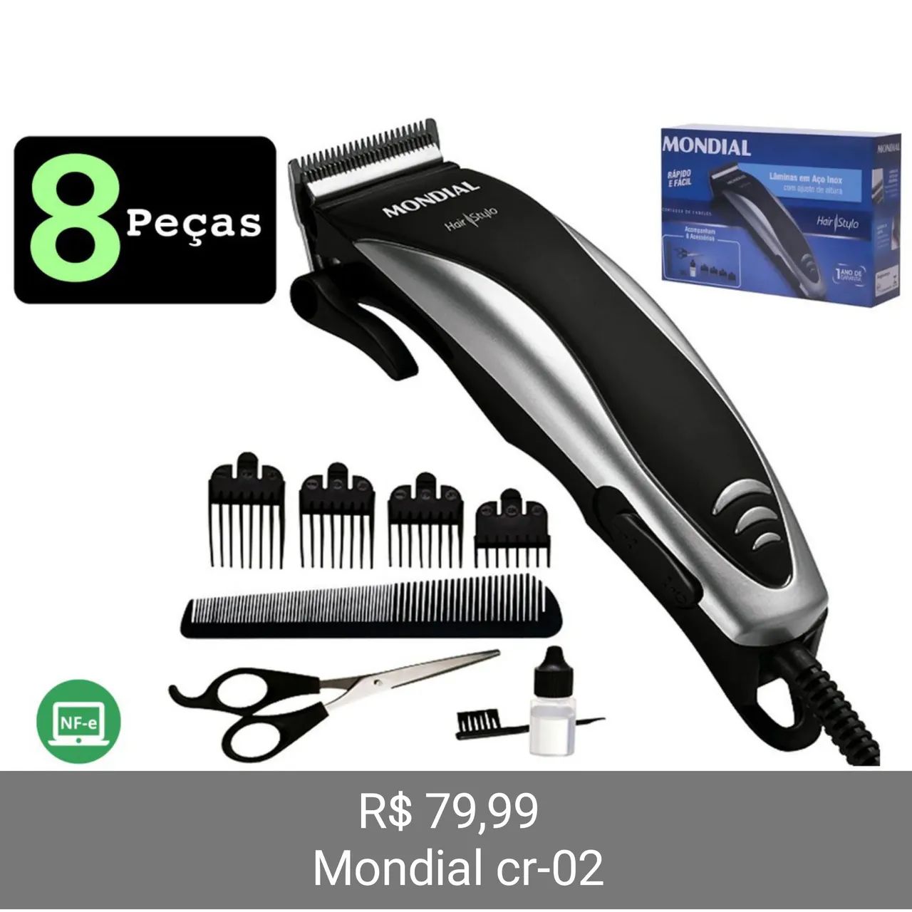 Máquina de Cortar Cabelo Mondial cr-02 -cortador 127v -  Nova 8 Peças