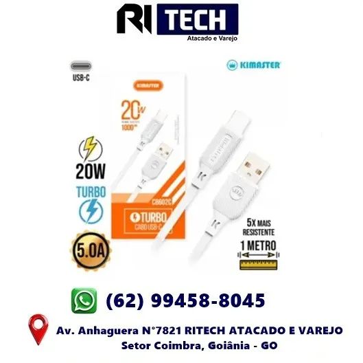 Cabo USB Tipo C Kimaster CB616  5A 20W Type-C 1m 1 Ano de Garantia