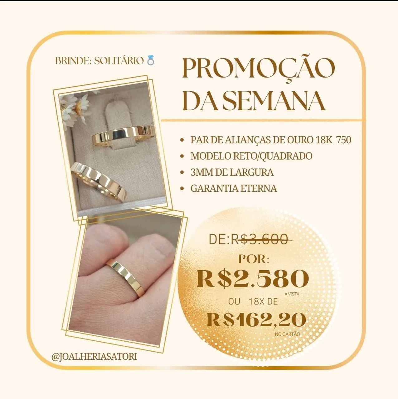 OFERTA EXCLUSIVA E LIMITADA: PAR DE ALIANÇAS DE OURO 18K 750 + BRINDE!