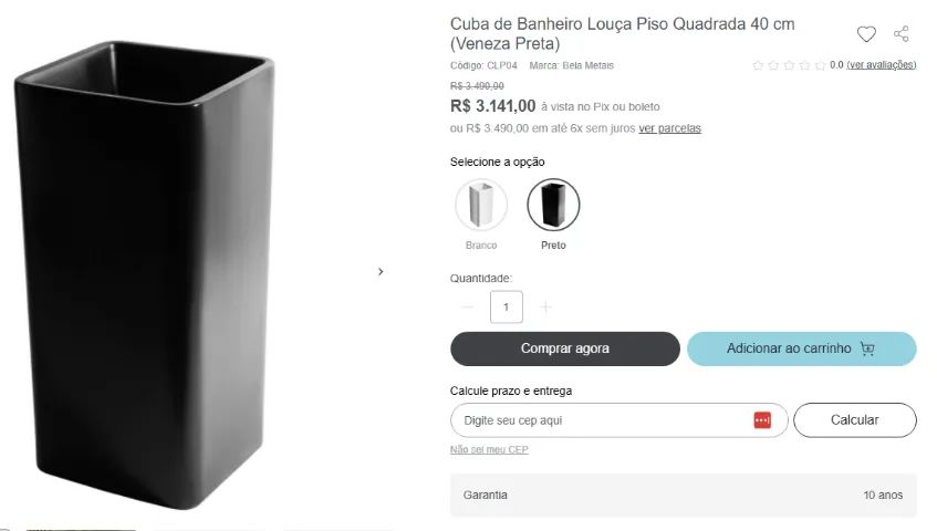 2 unidades - Cuba de Banheiro Louça Piso Quadrada 40 cm (Veneza Preta)