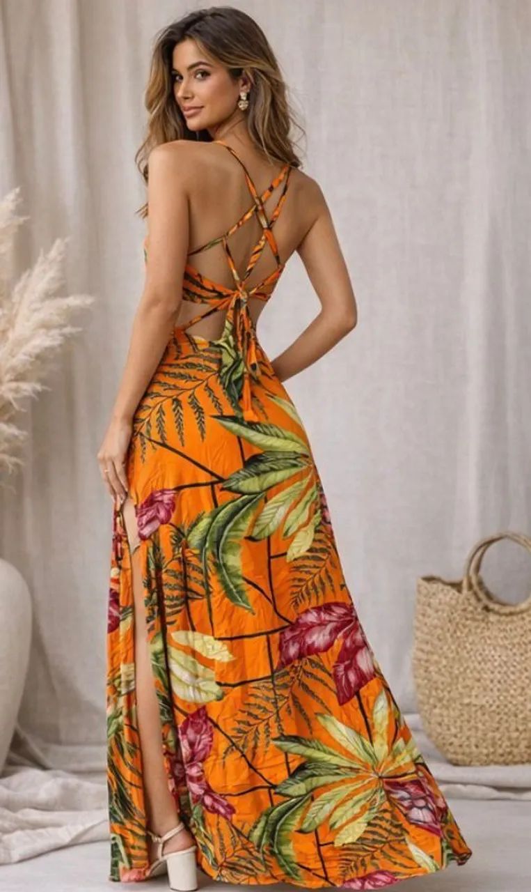 Vestido de Verão Tropical com Bojo - Alcinha Cruzada  - Foto 2