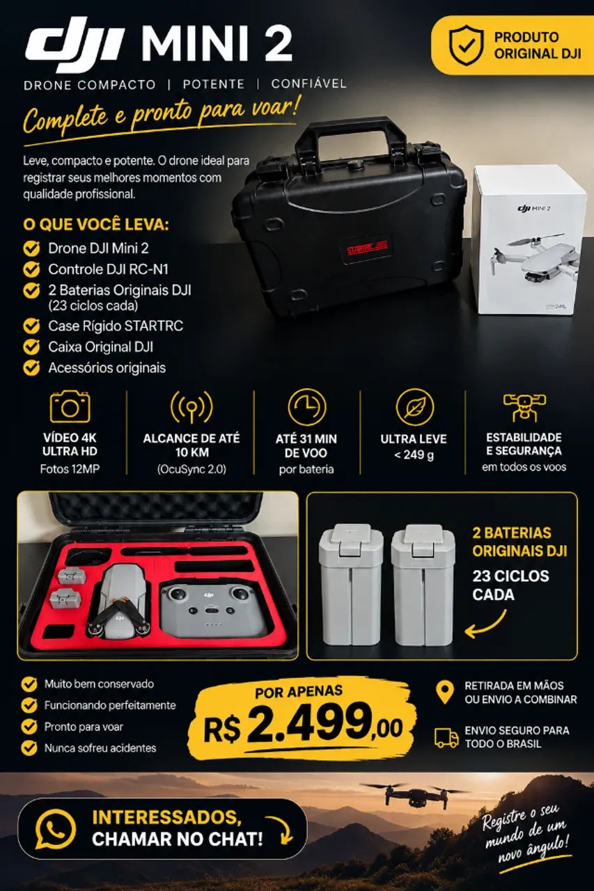 ? DJI Mini 2 + Case Rígido + 2 Baterias - R$ 2.499