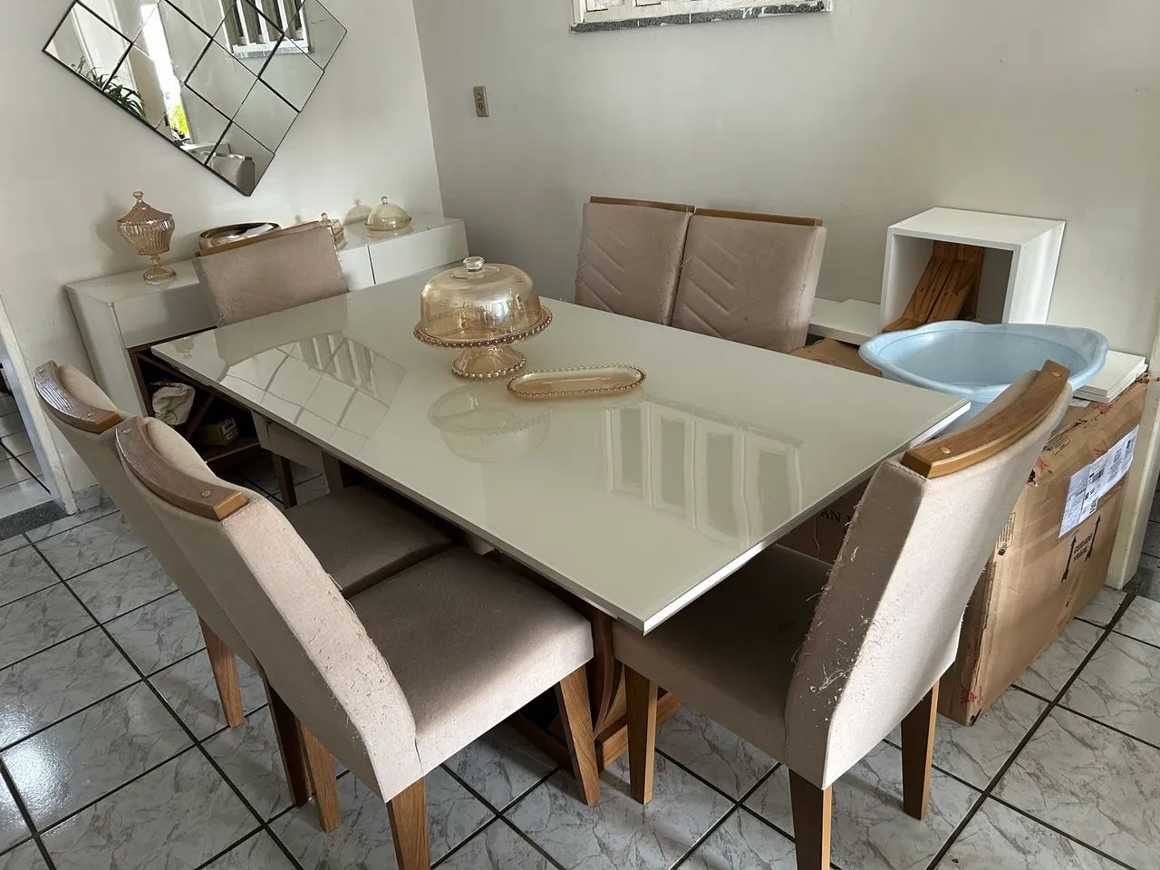 Mesa de jantar 6 cadeiras com tampo de vidro