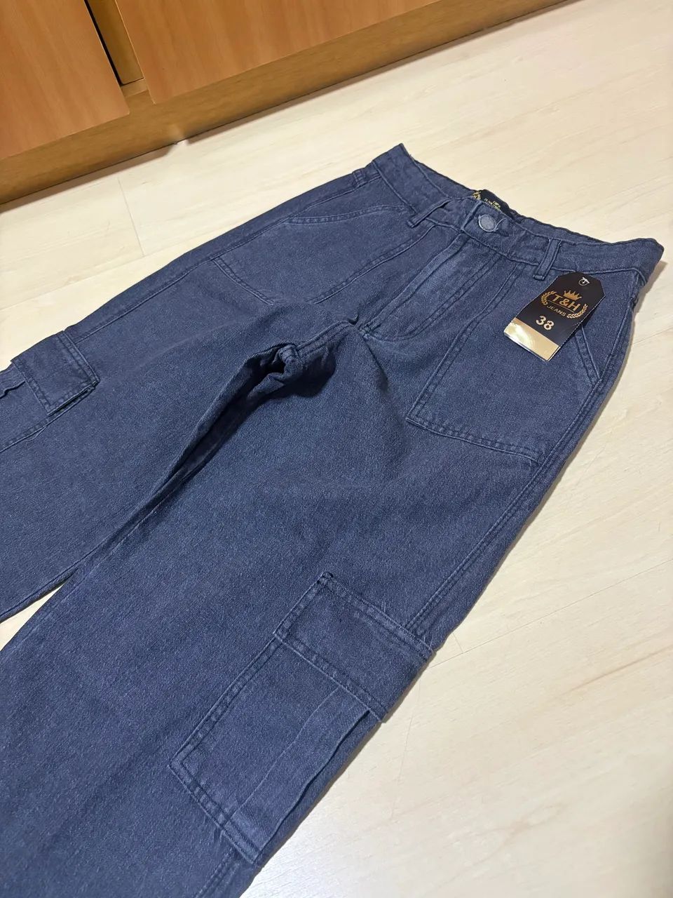 calça jeans cargo n38 cinza escuro