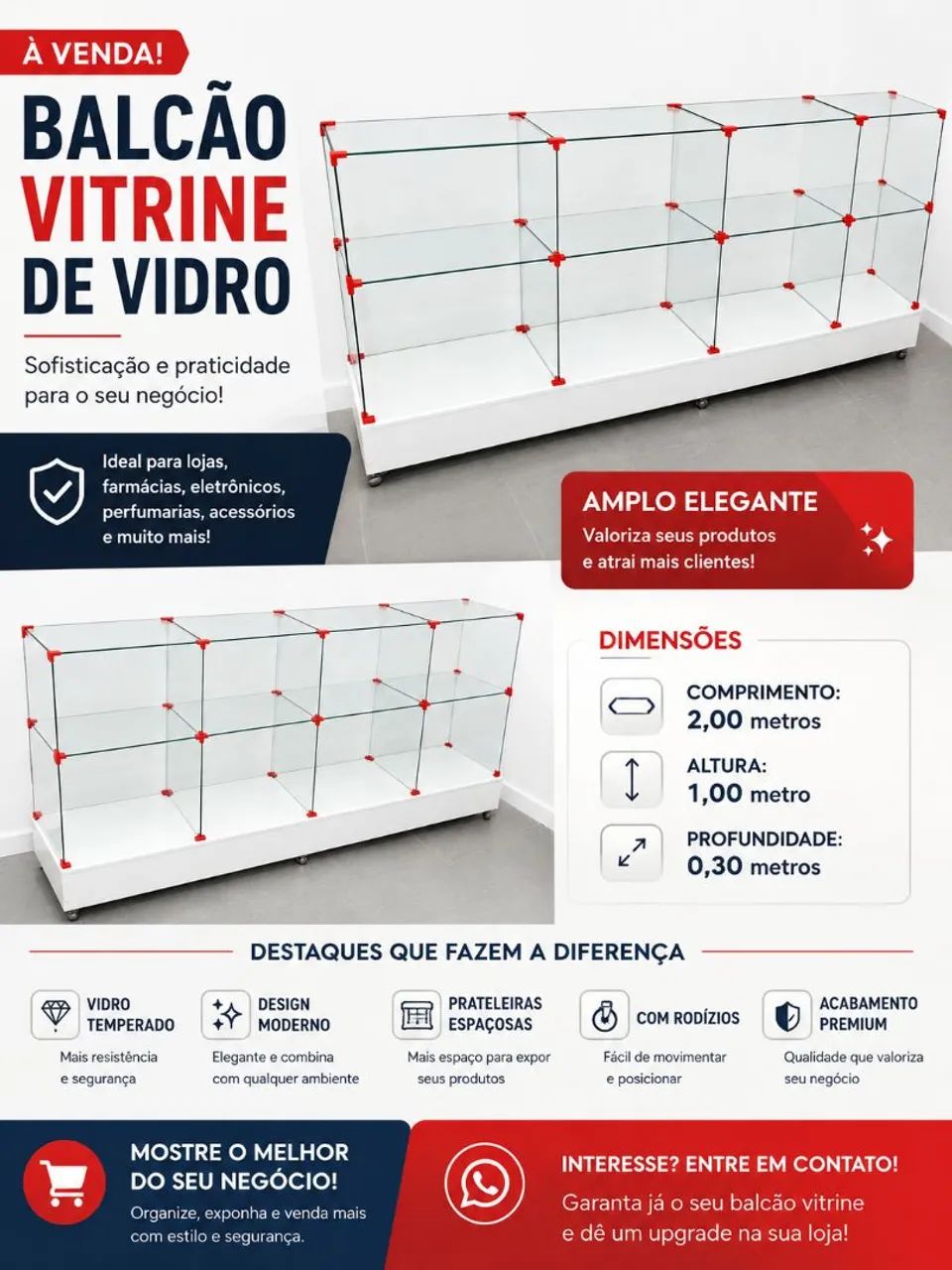 Balcão de vidro com base em MDF