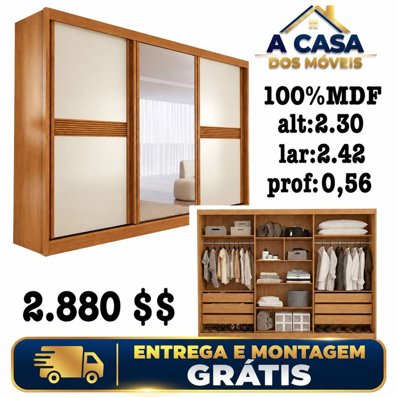 Guarda roupa 100% MDF com espelho 