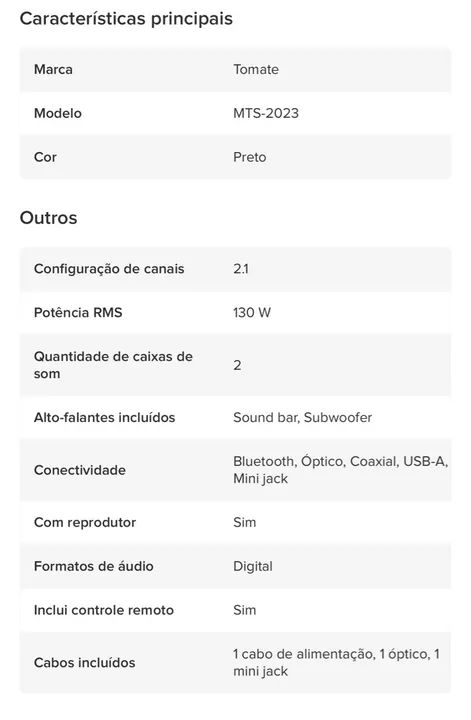 Soundbar com Subwoofer - Home theater