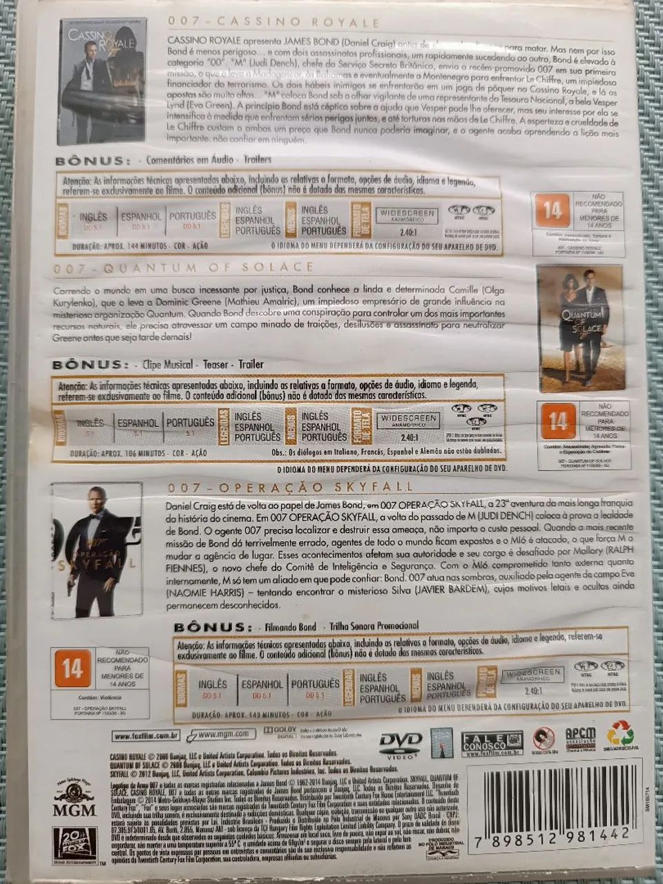  3 Dvds 007: Cassino Royale, Quantum of Solace e Operação Skyfall. - Foto 2