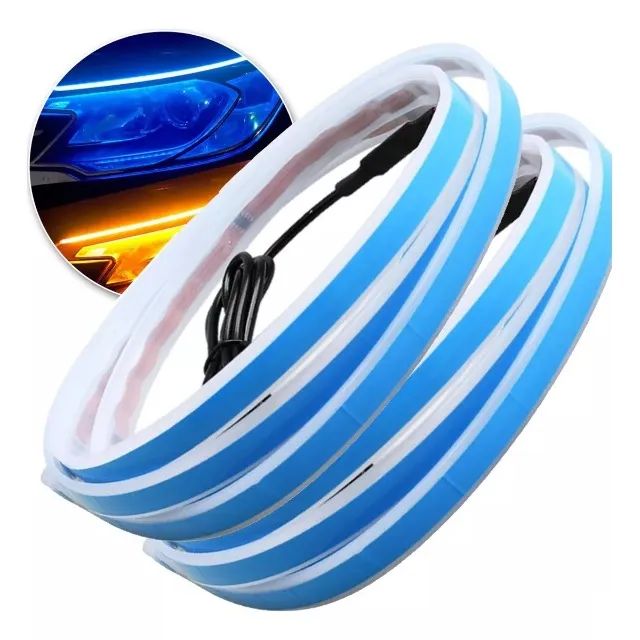 Par Fita LED 30cm Farol DRL Azul Efeito Start + Seta Âmbar Sequencial