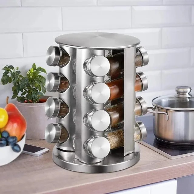 Porta Tempero Giratório Aço Inox 16 potes de vidro - Porta Condimentos