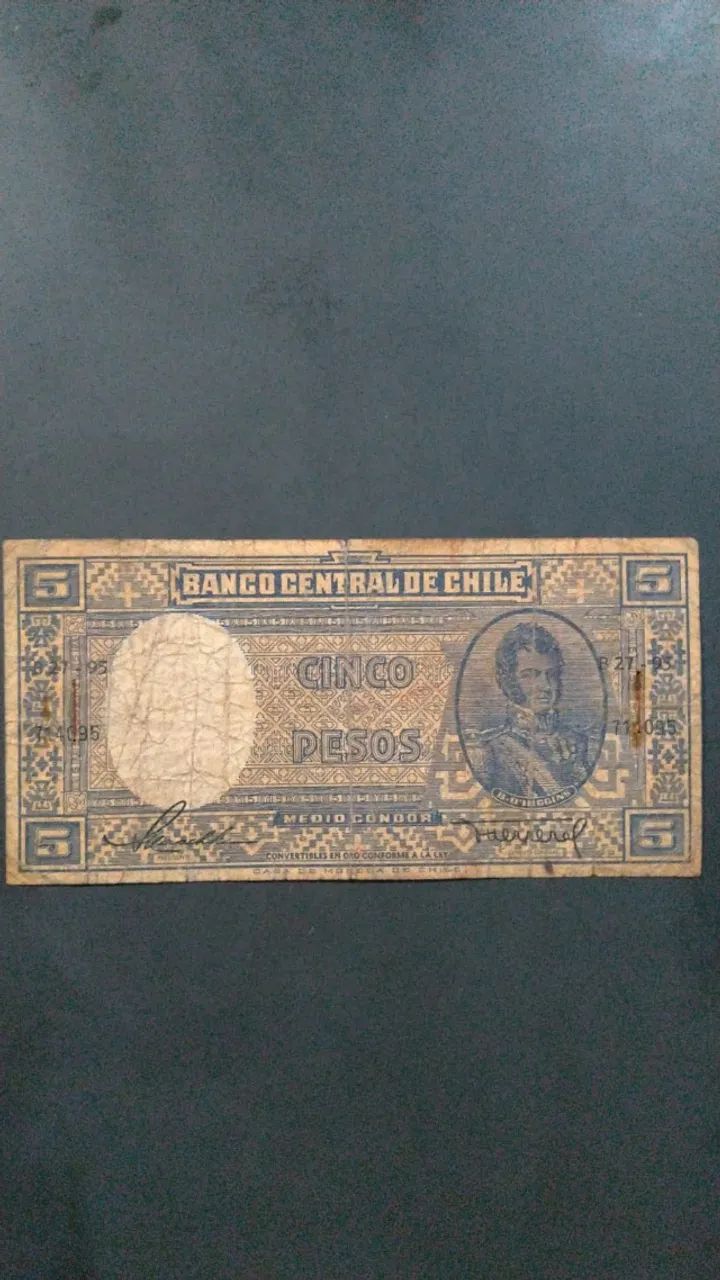 Nota antiga de 5 pesos Chilenos.