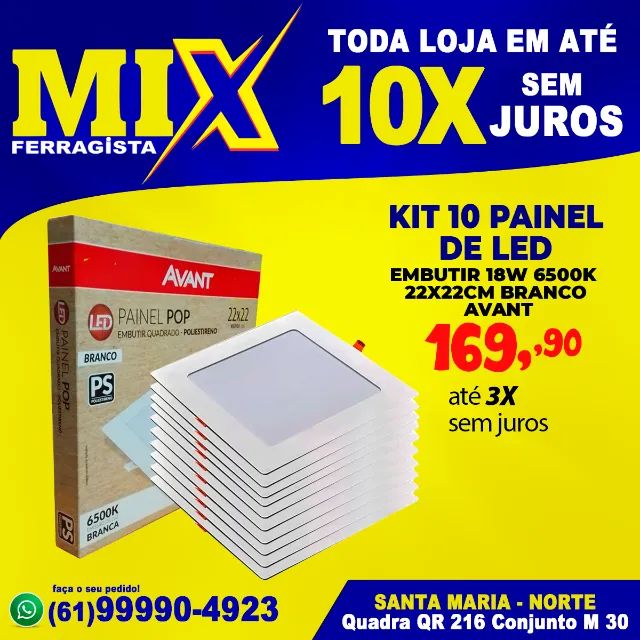 Kit 10 Painel De Led Embutir 18w 6500k 22x22cm Branco Avant