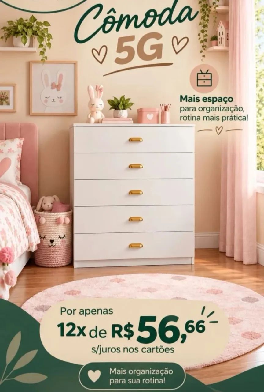 Cômoda 5 gavetas em mdf 