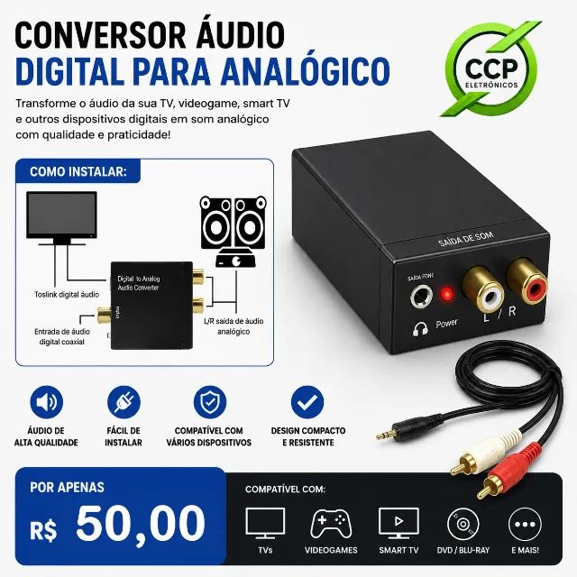 Conversor Áudio Digital Óptico Toslink e Coaxial p/ Analógico Rca e P2 