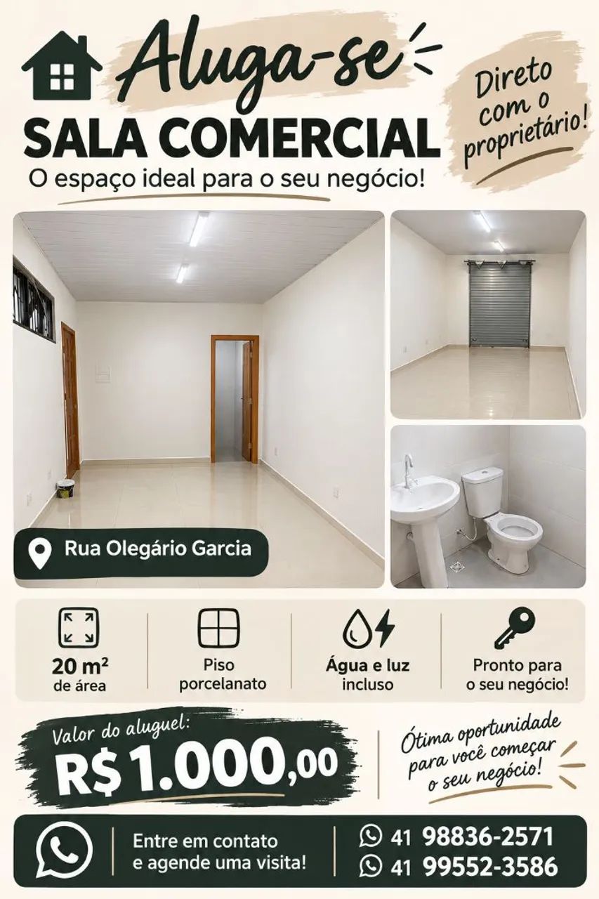 Sala comercial 20m2 em campo largo roseira 