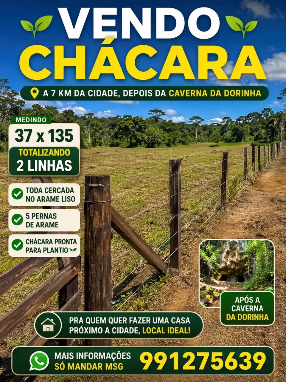 Vendo chácara a 6 km da cidade toda cercada 