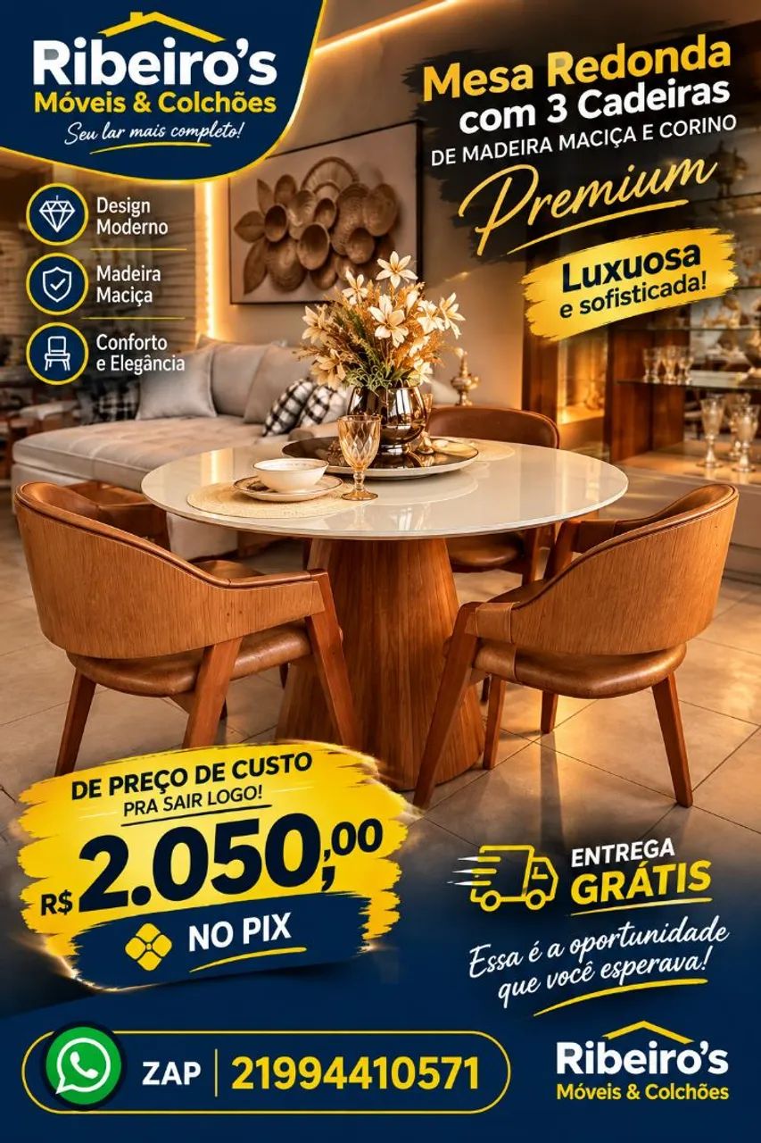 Mesa redonda com tampo de vidro e 3 cadeiras 