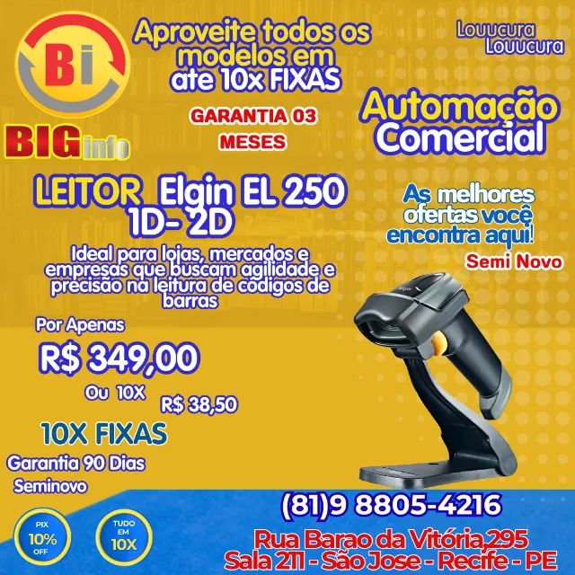 Leitor de Código de Barras Elgin EL250, 1D/2D, USB, Tecnologia Area Imager - Em ate 10x